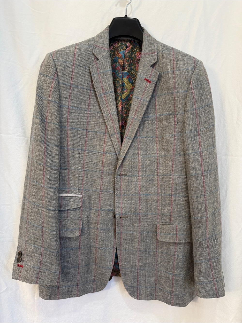 Ted Baker London Gray Linen Windowpane Blazer with Red Accent